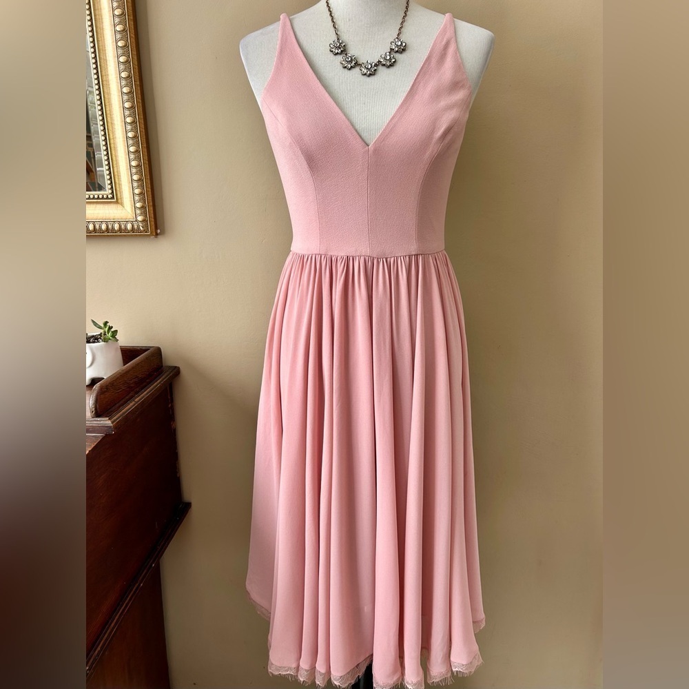 Dress the Population Alicia Dress Blush Pink Chiffon Midi Twirl V-Neck Size S